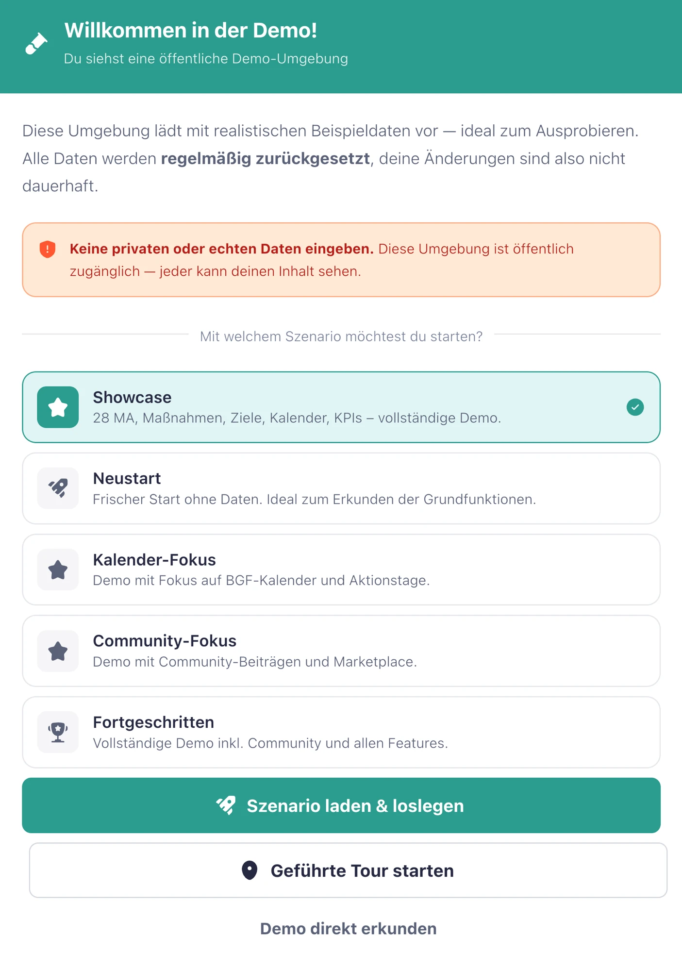 BGF-Kompass Demo-Modus Szenario-Auswahl